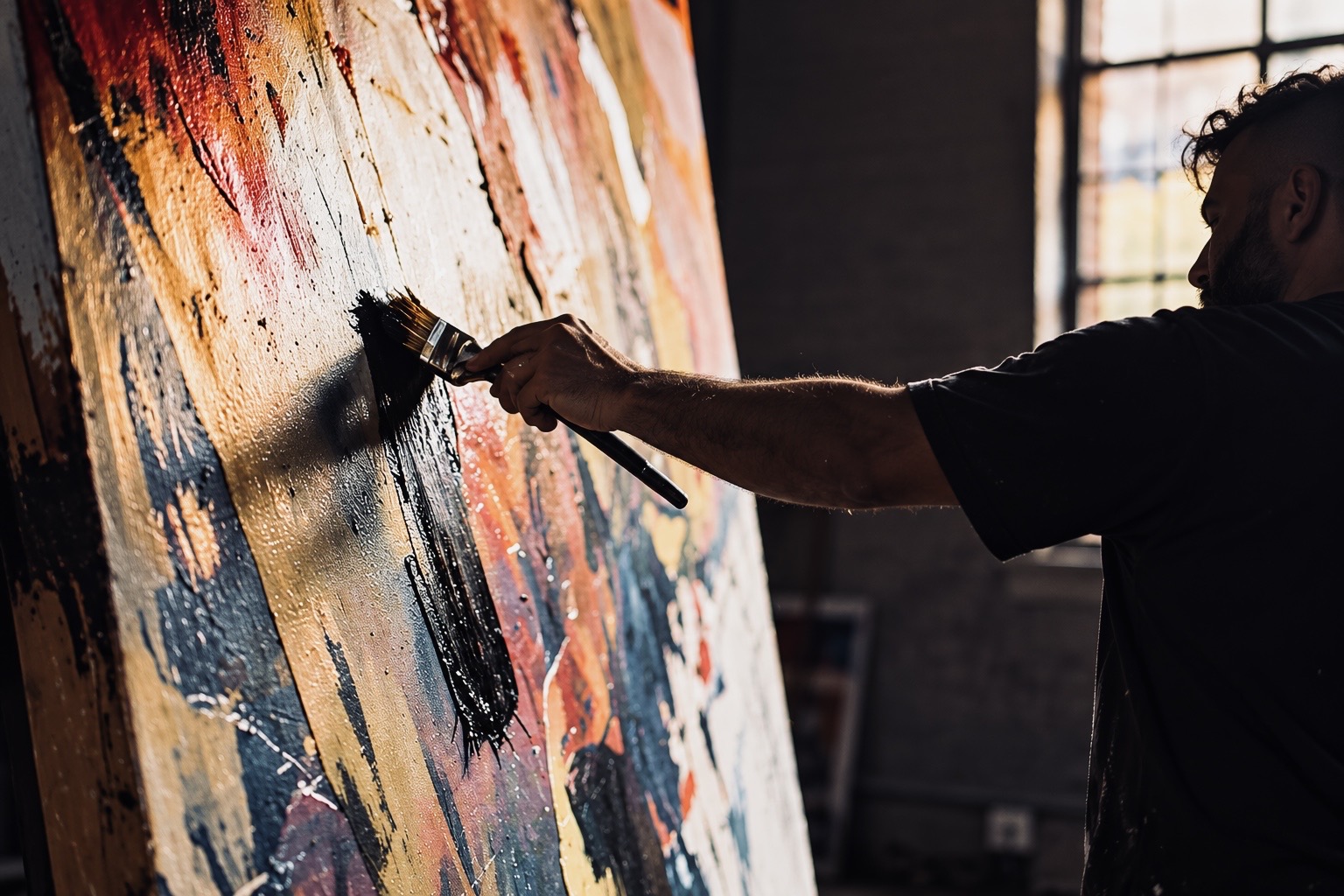 A painter working on a large abstract canvas in a studio